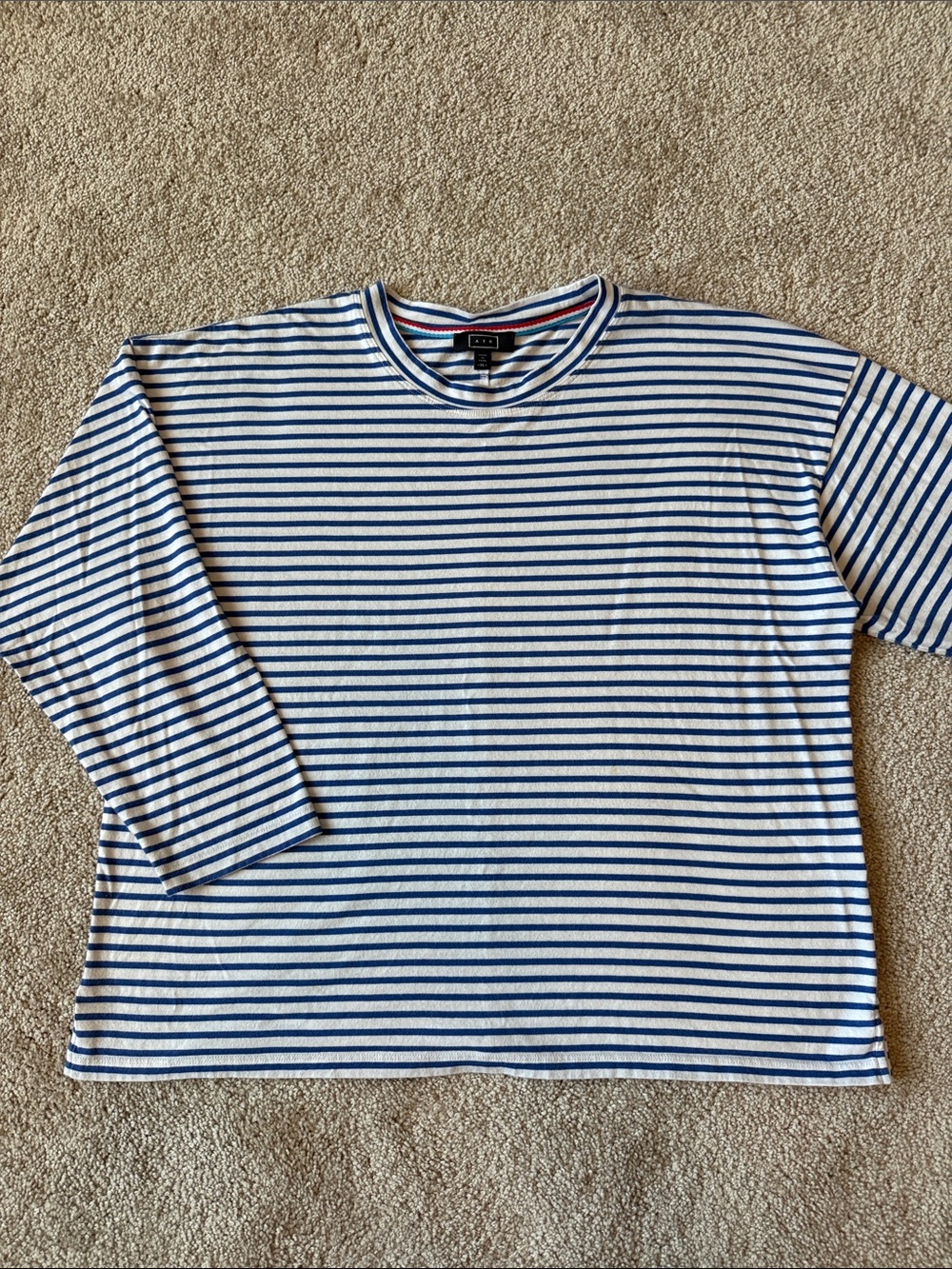 AYR French Fry Blue Striped Crewneck 3/4 Sleeve T Shirt - Picture 3 of 10